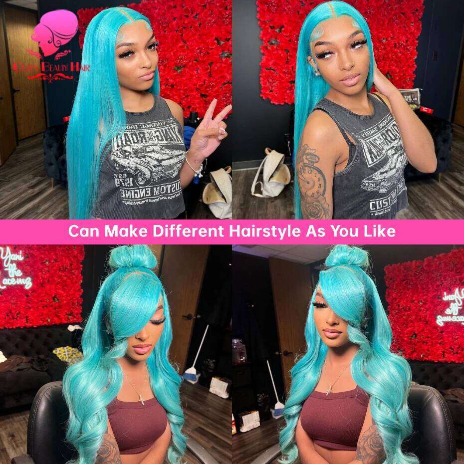 Light Green 13x6 Transparent Front Body Wave Lace Frontal Wigs Pre Plucked Blue Colored Human Hair Wig