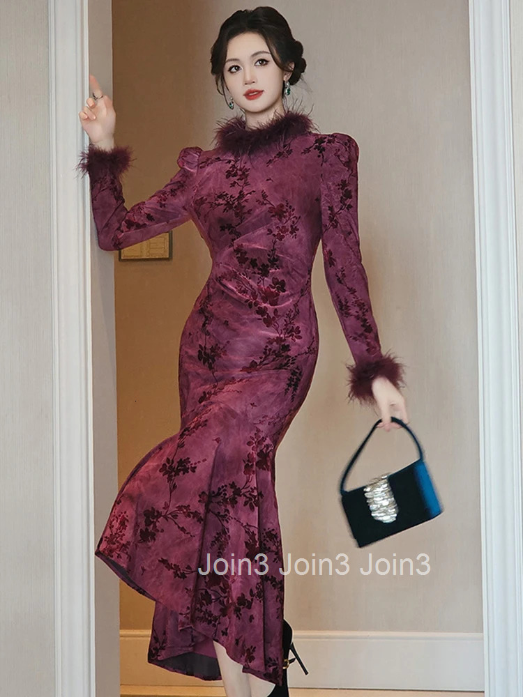 Women Clothes Vintage Purple Floral Feather O-Neck Slim Midi Fishtail Dress Elegant Fashion Party Prom Vestido Autumn Winter New