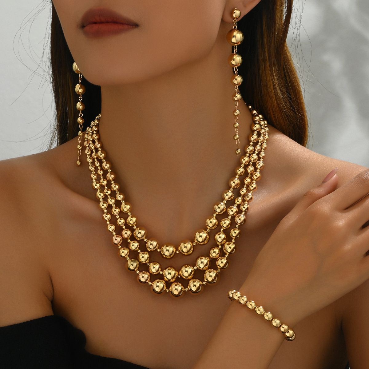 Spicy Girl Style Women's Necklace and Earrings Jewelry Set Beaded Multi-layer Clavicle Chain Hand Accessories