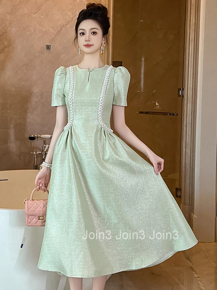 Summer Fashion Elegant Luxury Pearl Sparkly Evening Dress Women Clothes Vintage O-Neck Slim Midi A-Line Robe Party Prom Vestidos