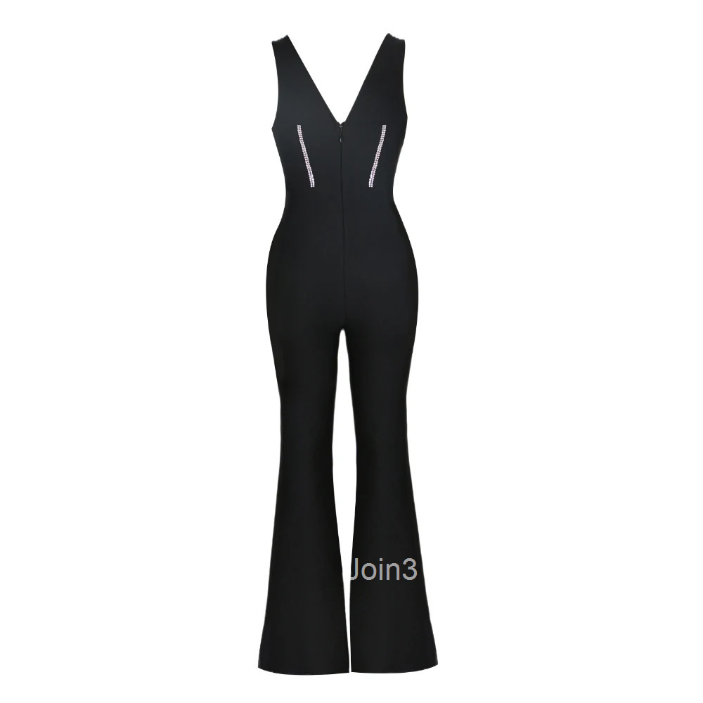 New Fashion Simple Office Lady Jumpsuits Elegant Sleeveless Rhinestone Pantsuits Black Fit Slimming Sets Causal Urban Wear