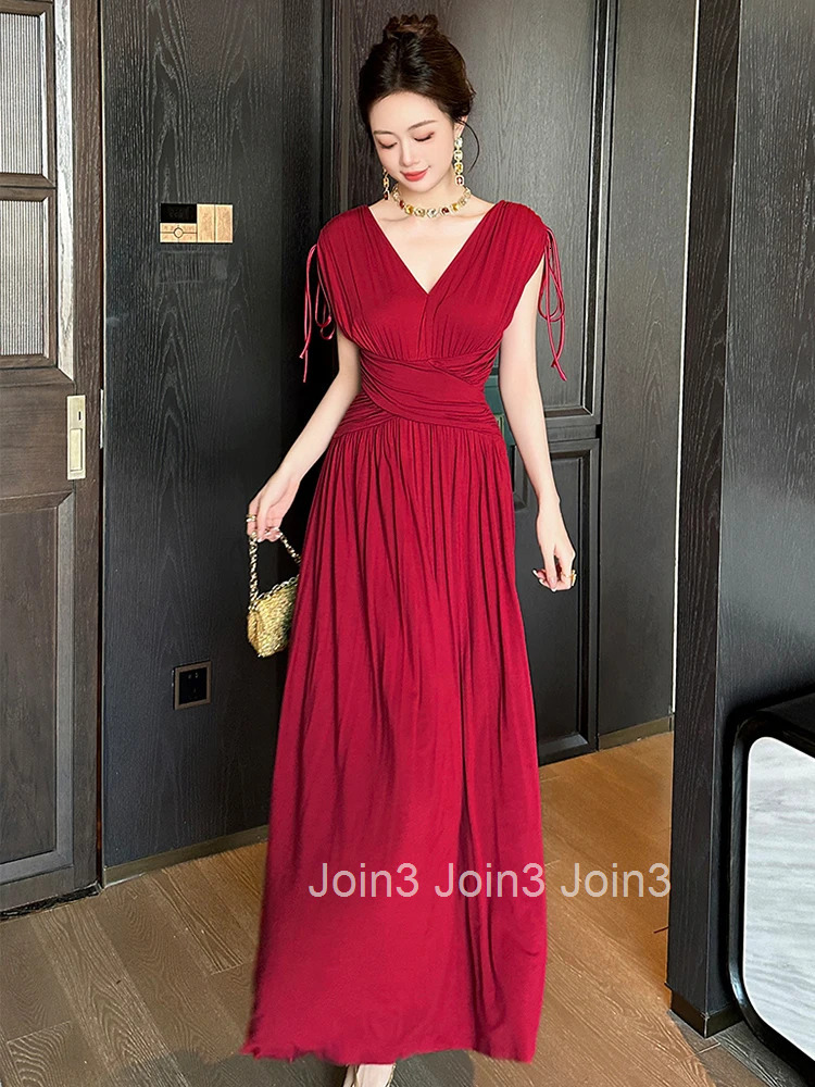 Summer French Fashion Wine Red Evening Dress Women Clothes Elegant Casual Sexy Sleeveless Slim Maxi Long Robe Party Prom Vestido