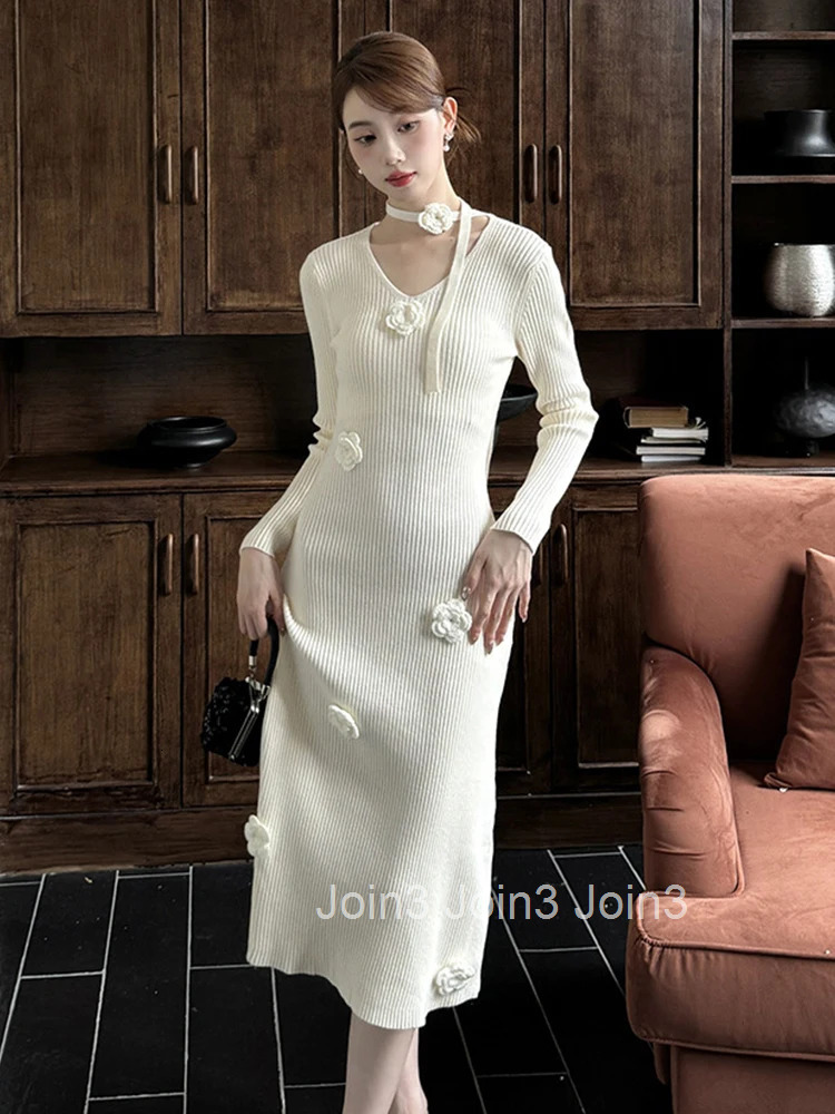 New Fashion Autumn Winter Floral Knitted Stretchy Dress Women Clothes Sweater Casual Solid V-Neck Skinny Midi Robe Mujer Vestido