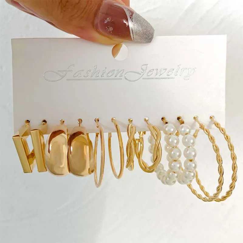 Vintage Gold Color Pearl Twist Hoop Earrings Set for Women Fashion Metal Geometric Hollow Butterfly Earrings Jewelry Gifts 2023 XJ250623