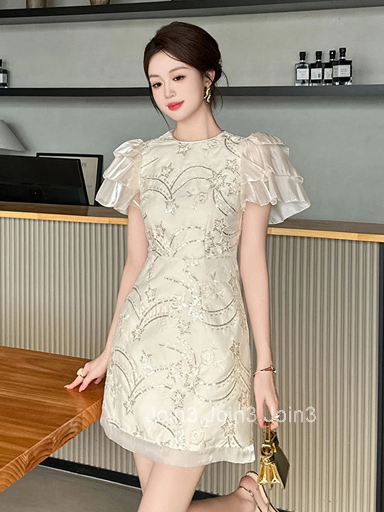 New Elegant Summer Fashion Sequin Sweet Evening Short Dress Women Bubble Sleeve Slim A-Line Party Prom Vestidos Street Clothes