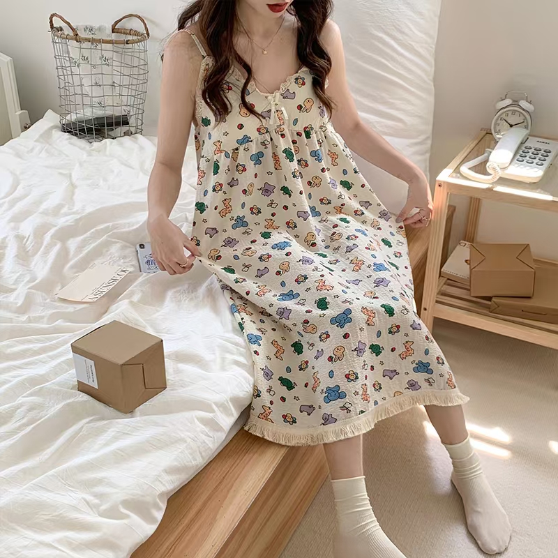 2025 women's models spring and summer sweet ins style halter mid-length loose nightgown female home dressred Patrick Spaghetti Straps hot-sale pr
