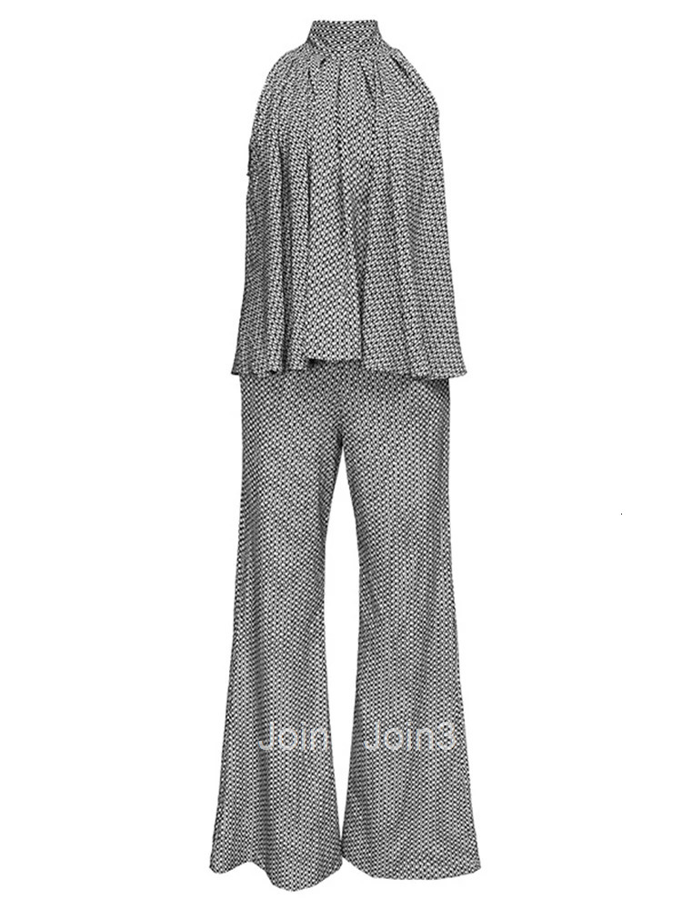 Women Elegant Vintage Print Casual Loose Stand Neck Strapless Lace Tops Shirt Blouse OL High Waist Long Flare Pants 2 Pieces Set