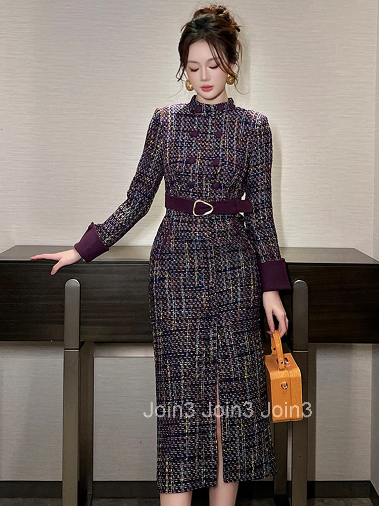 Women Clothes Retro Tweed Formal Occasion Double Breasted Belt Slim Midi Pencil Dress Elegant Vestidos Casual Autumn Winter New
