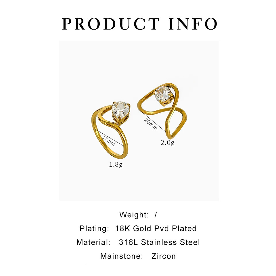 Perisbox 2 Unique ns Water Drop Circular Zircon Rings Stainless Steel Gold Plated Finger Jewelry Trendy Women Accessories 250617