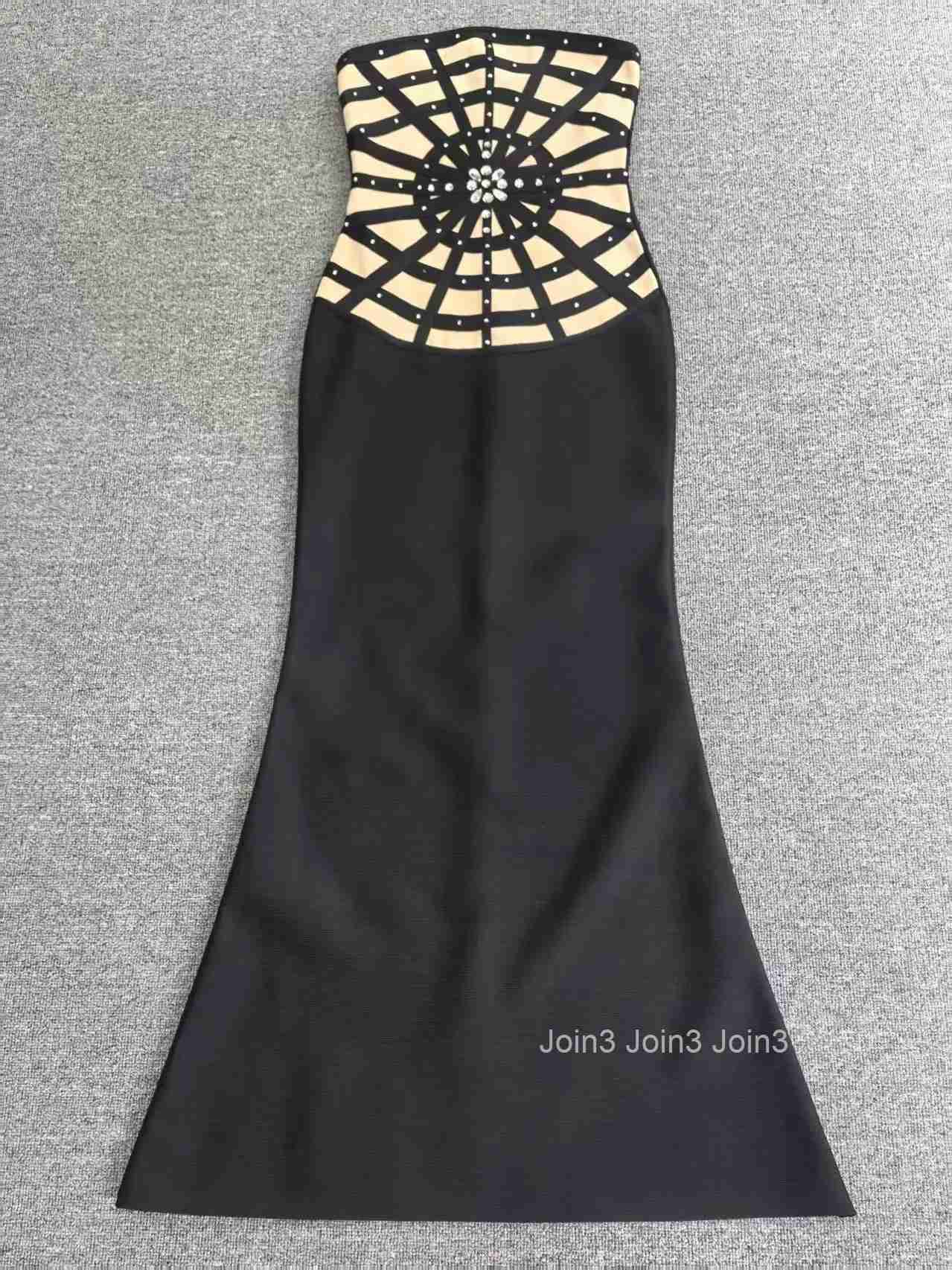 Womens Black Bandage Dress Strapless Grid Lace Mermaid Gown Beaded Mesh Panels Fishtail Evening Dress Formal Attire