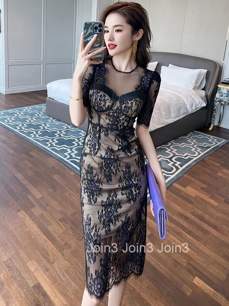 New Fashion Summer Evening Dress For Women Elegant Lace Sheer Sexy O-Neck Slim Midi Party Prom Robe Femme Mujer Stretchy Vestido