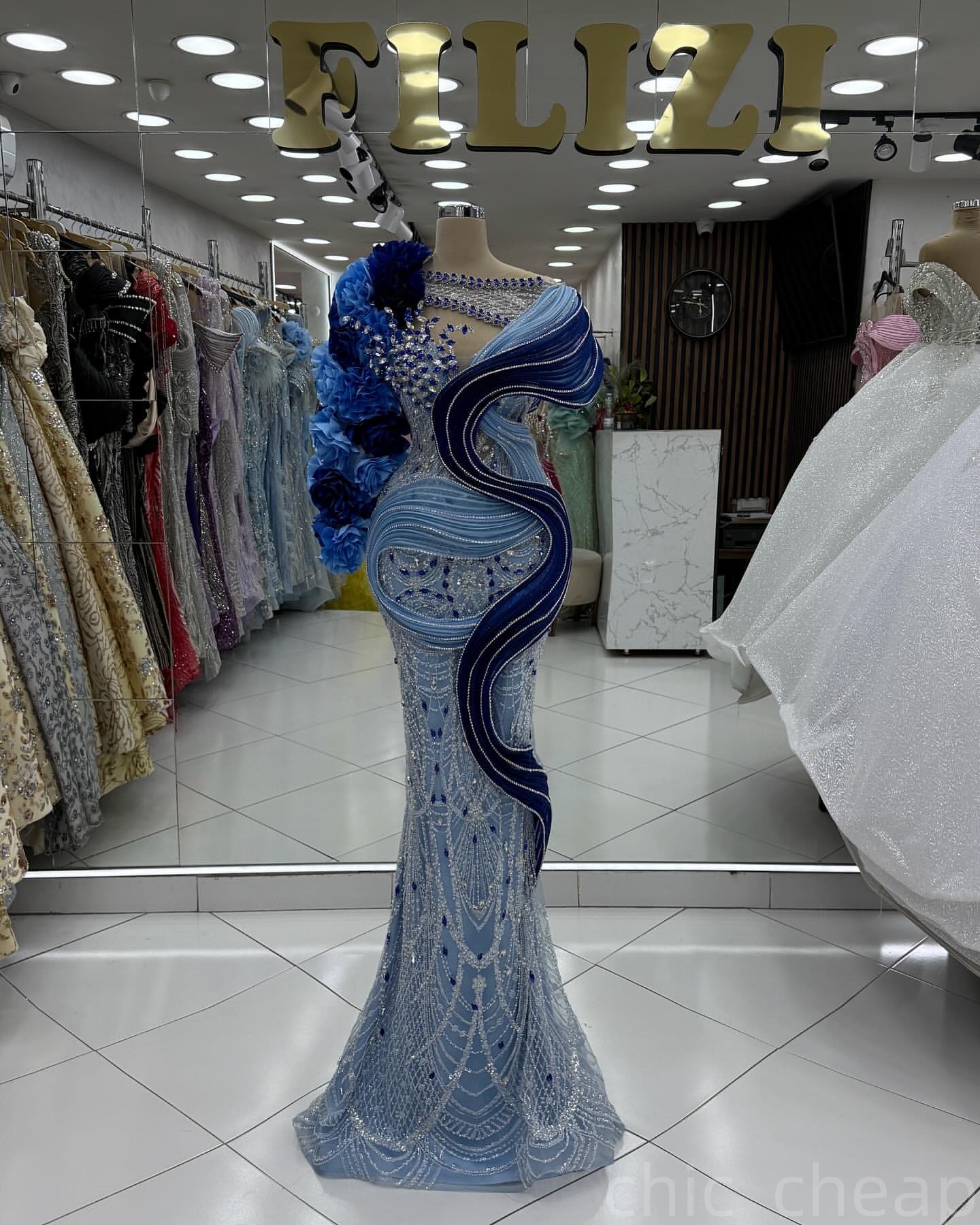 Light Sky Blue Mermaid Prom Dresses 2025 Flowers Crystals Sequined Evening Formal Party Second Birthday Engagement Gowns Plus Size Dress For Special O