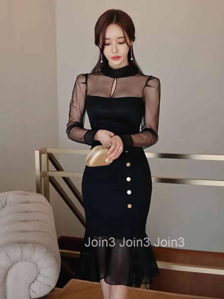 Fashion Work Style Formal Black Mermaid Dress Women Clothes Elegant Office Sheer Sexy Long Sleeve Slim Midi Party Mujer Vestido