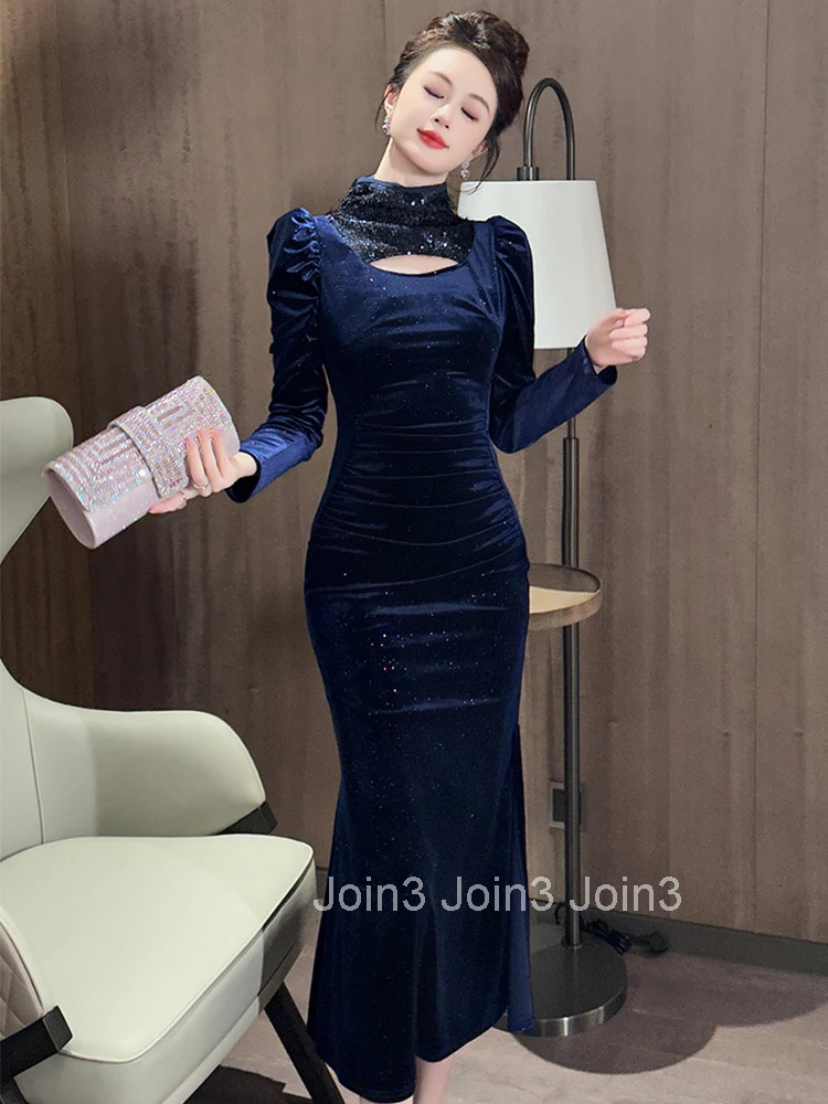 Women Clothes Velvet Shiny Stand Neck Slim Folds Midi Fishtail Dress Elegant Evening Party Vestido Robe Autumn Winter Casual New