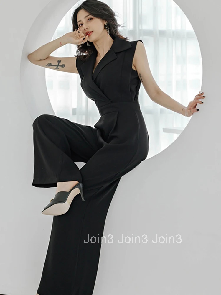 New Summer One Piece Jumpsuits Elegant Office Women Formal Black Sleeveless Party Female Mujer High Waist Wide Leg Loose Rompers
