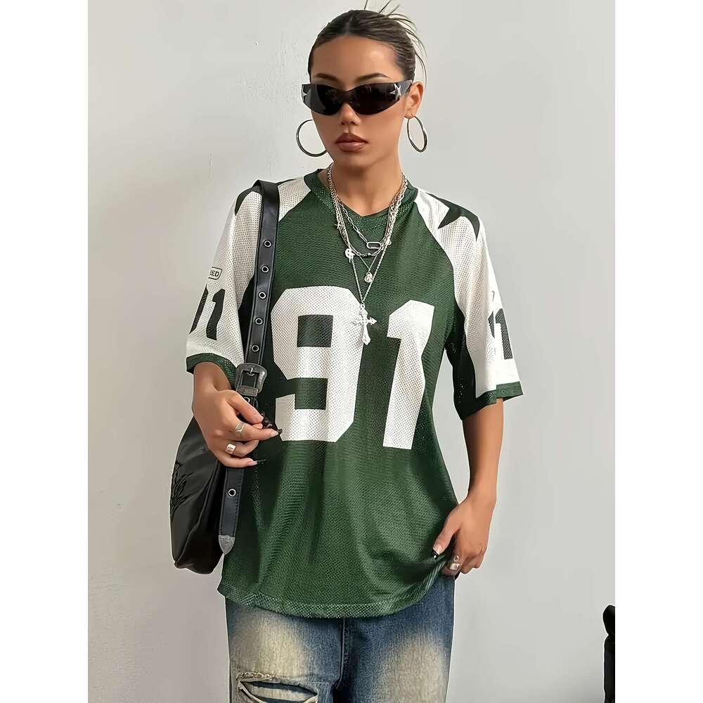 Cross-Border Design Sense Sports Style Digital Print Color-Block Mesh Short Sleeve T-Shirt Loose Top