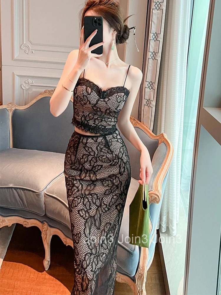 New Fashion Y2K Summer Lace Sexy 2 Piece Outfits Women Chic Strap Short Cropped Tops Blouse High Waist Midi Skirt Mujer Slim Set