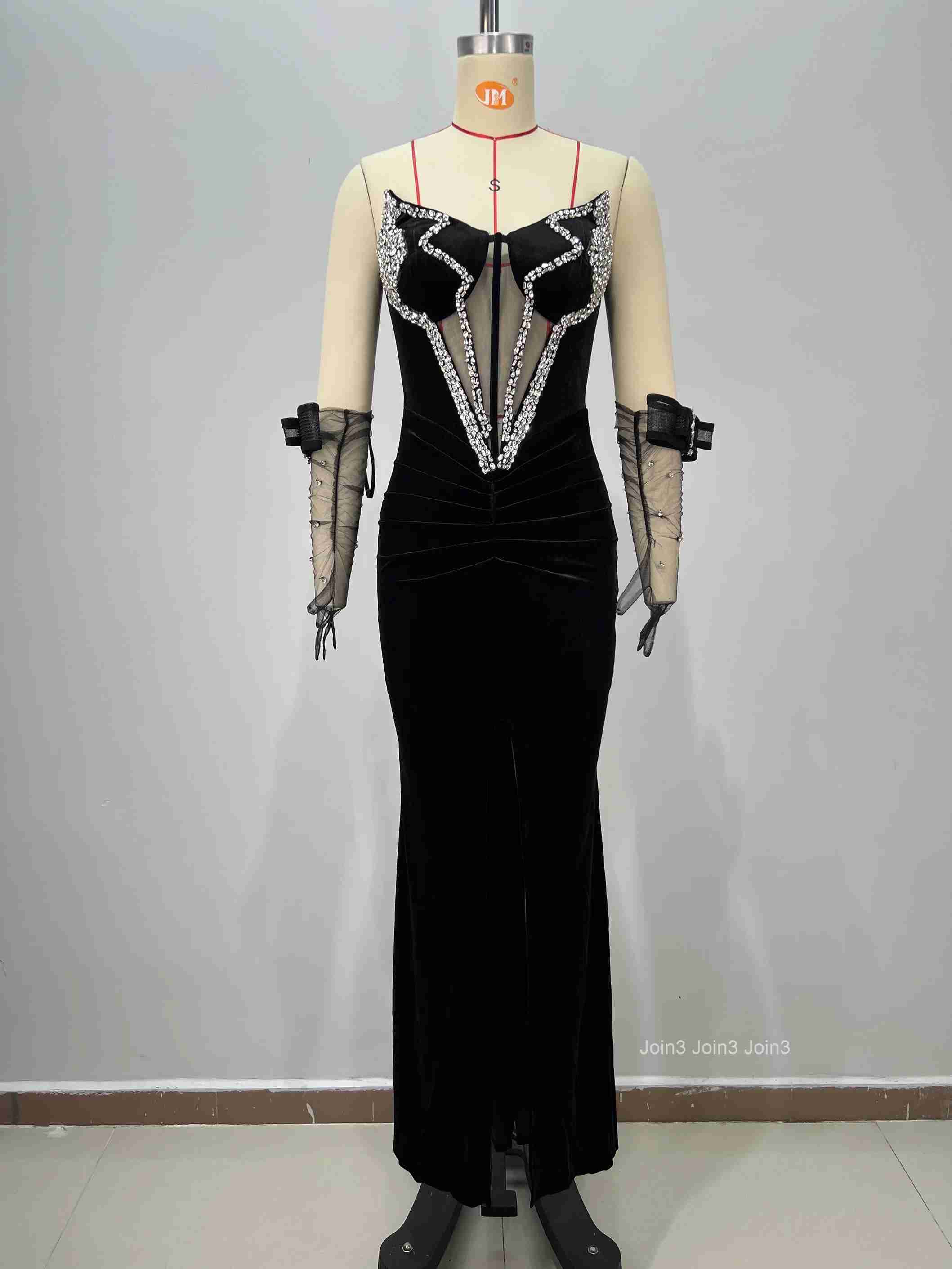 Womens Black Bandage Crystal Embellished Dress with Sheer Mesh Sexy High Slit Evening Gown Velvet Strapless Party Dress