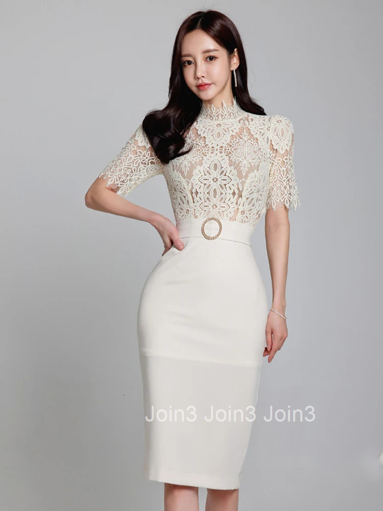 New Summer Elegant Office Women Evening Dress Chic Lace Sheer Stand Neck Slim Midi Pencil Party Club Prom Femme Mujer Vestidos