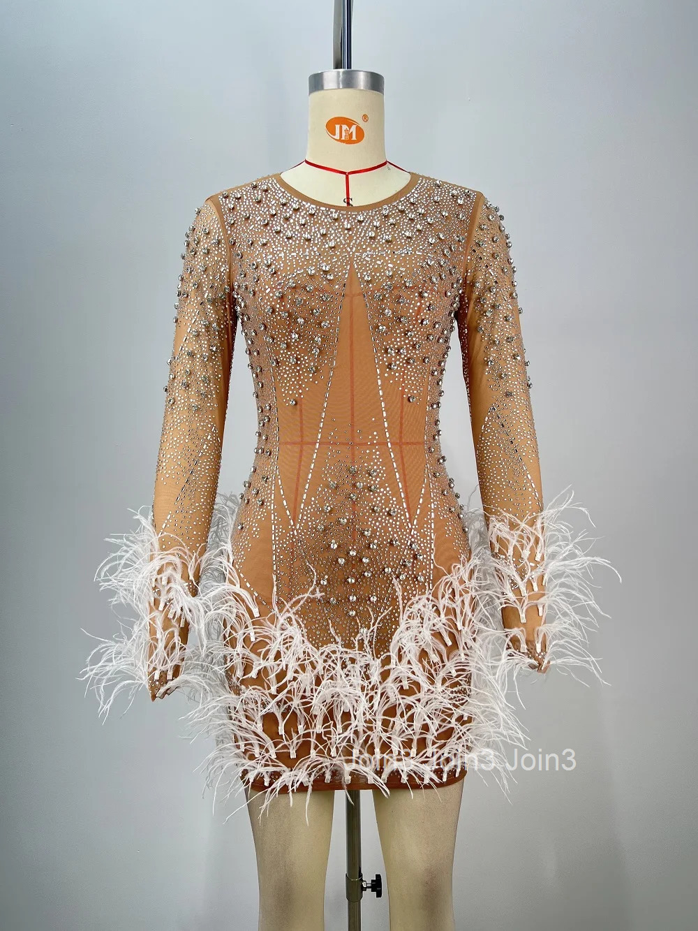 Hot Selling Sexy Perspective Long Sleeved Short Skirt Fashion Nail Diamond Feather Round Neck Dress Stage Performance Costume