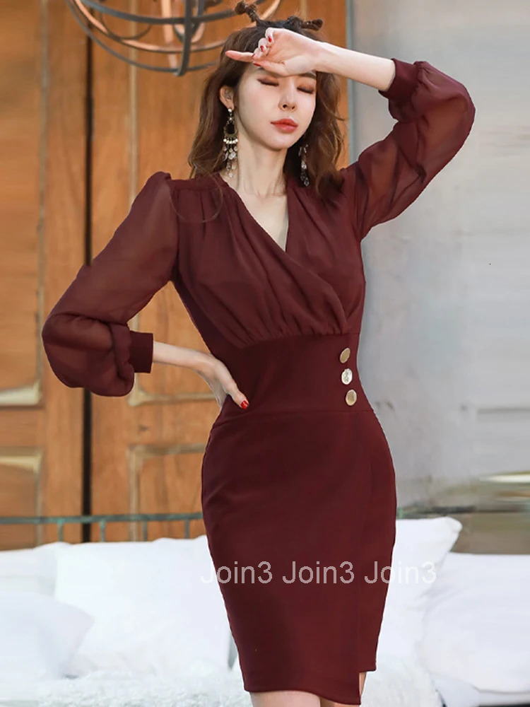 Fashion Spring Autumn Commute Short Pencil Dress Women Clothing Elegant Formal Sheer Long Sleeve V-Neck Slim Midi Mujer Vestidos