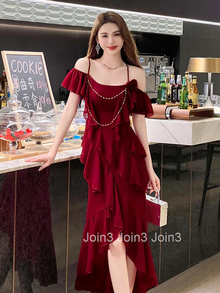 Summer Vintage Vacation Holiday Dress Women Clothes Mujer Elegant Ruffle Sexy Strap Slim Party Club Birthday Vestidos Robe Femme