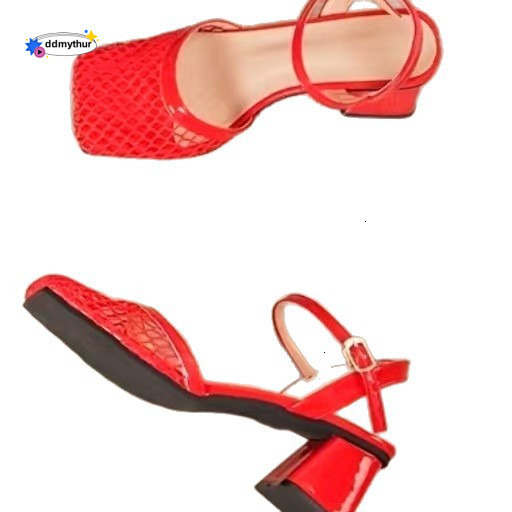 Trendy New Spring/Summer Square Toe Fishnet Hollow Buckle Chunky High Heel Plus Size Women's Sandals ddmythur