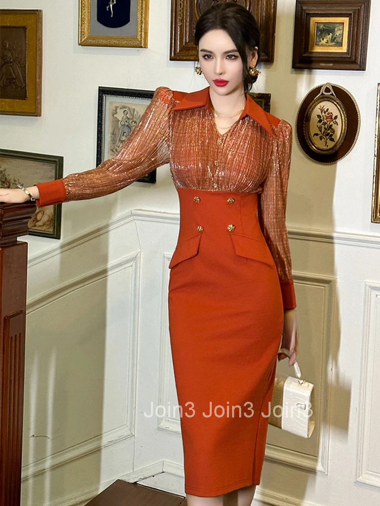 New Spring Fashion Lady Elegant Office Formal Occasion Dress Women Clothes Commute Lapel Patchwork High Waist Hip Wrap Vestidos