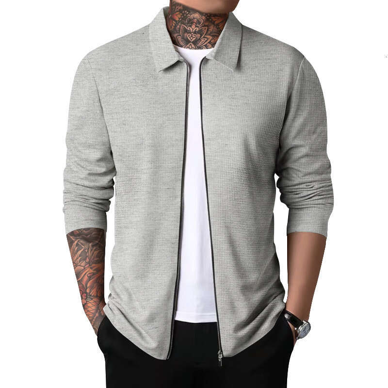 Cross-border Cardigan Men Autumn New Zipper Coat Casual Men's Long Sleeve Turn-down Collar Waffle Jacket