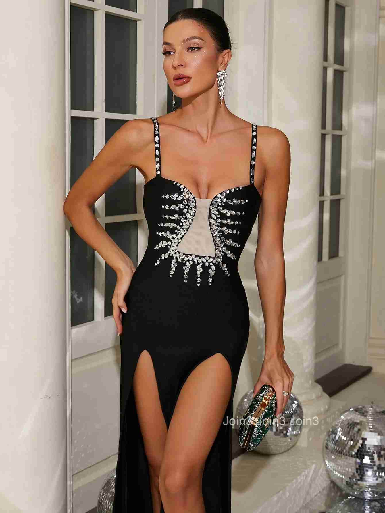 Fashion Diamond Decoration Black Camisole Long Skirt For Women Sleeveless Sexy Mesh Splicing High Slit Bandage Dress Cocktail
