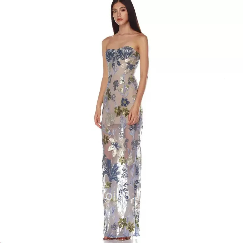 Womens Light Blue Bandage Dress Floral Embroidered Sheer Tulle Evening Gown Strapless Blue Green Sequins Formal Party Wear