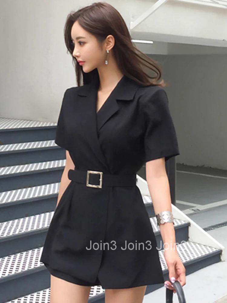 New Fashion Elegant Women Jumpsuit Temperament Retro Casual Black Short Sleeve Belt Slim Female Mujer High Waist Shorts Playsuit