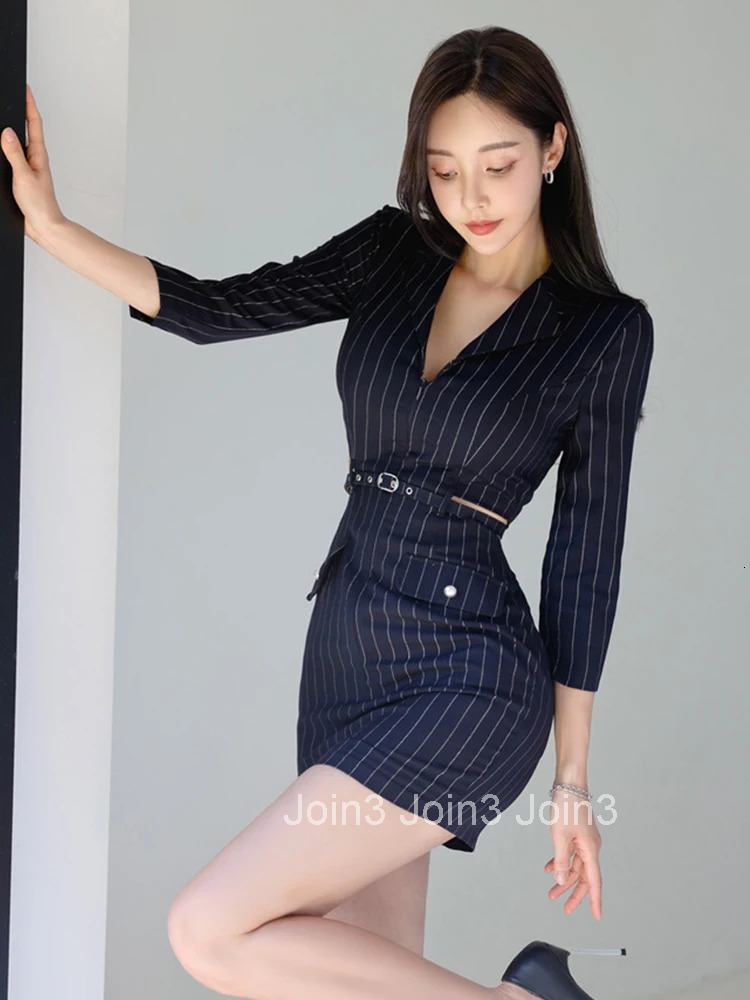 French Style Fashionable Dress Women Korean Professional Exposed Waist Stripes Hollow Belt Mini Gown Femme Office Lady Vesitdos