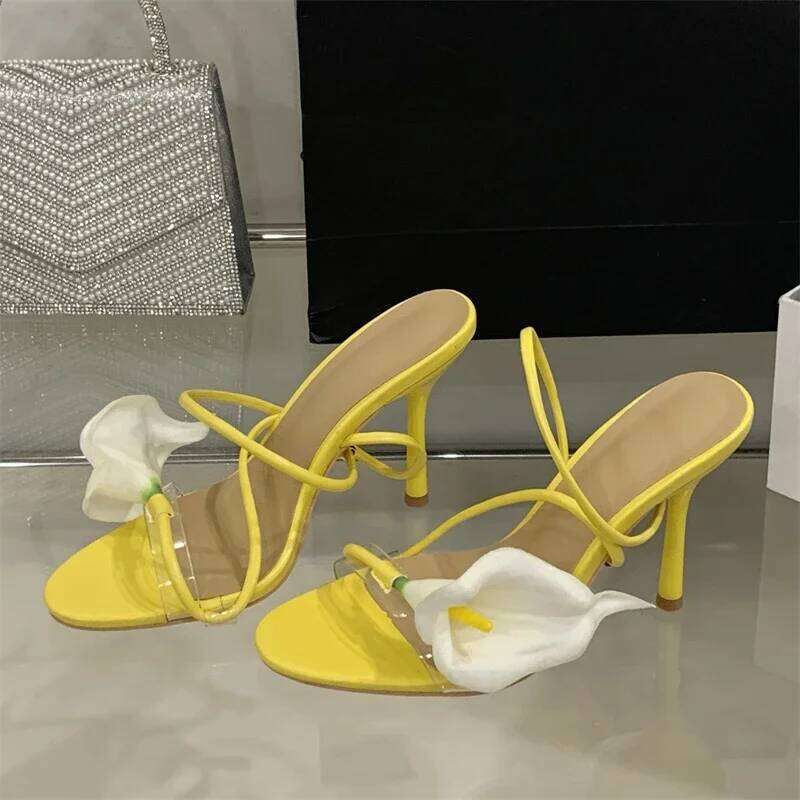 Eilyken Sexy PVC Transparent Flower Narrow Band Women Sandals Street Style Open Toe Thin High Heels Party Prom Shoes