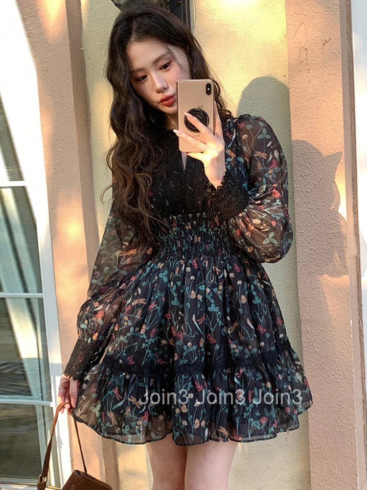 French Style Fashionable Retro Dress Women Cute Print Lace High Waist Ball Gown Lady Coffee Break Street Vestido Holiday Clothes