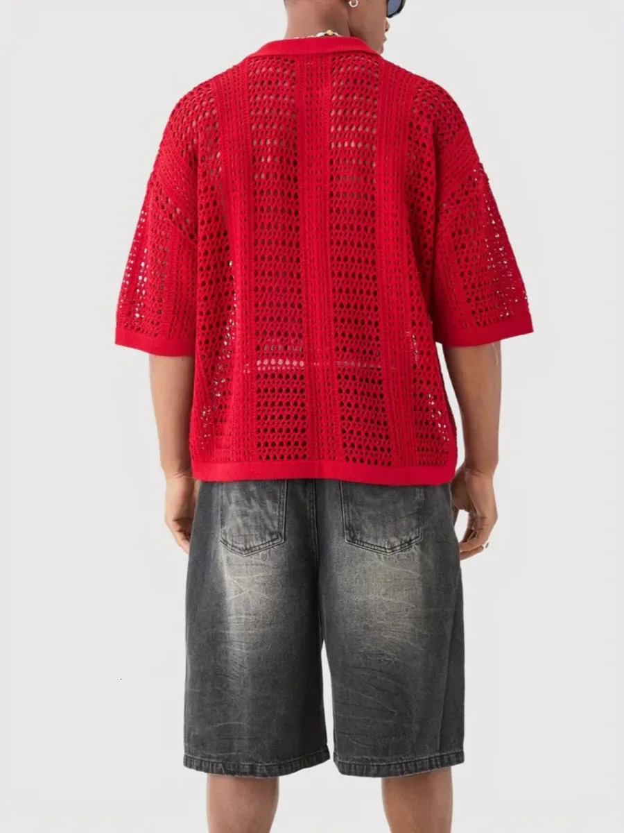 Fashion Red Knitted Polo Shirts for Men Hollow Out Mesh Texture Short Sleeve T-shirts Spring Summer Light Mature Style Knit Tops 250616