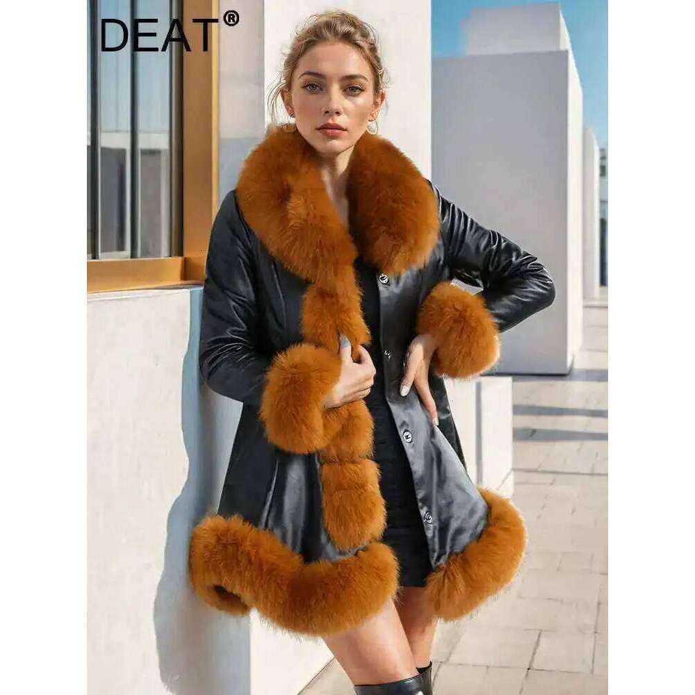 DEAT Fashion Women's PU Jacket Imitation Fox Fur Collar Single Breasted Long Sleeve Leather Coat Winter 2024 New 7AB6097