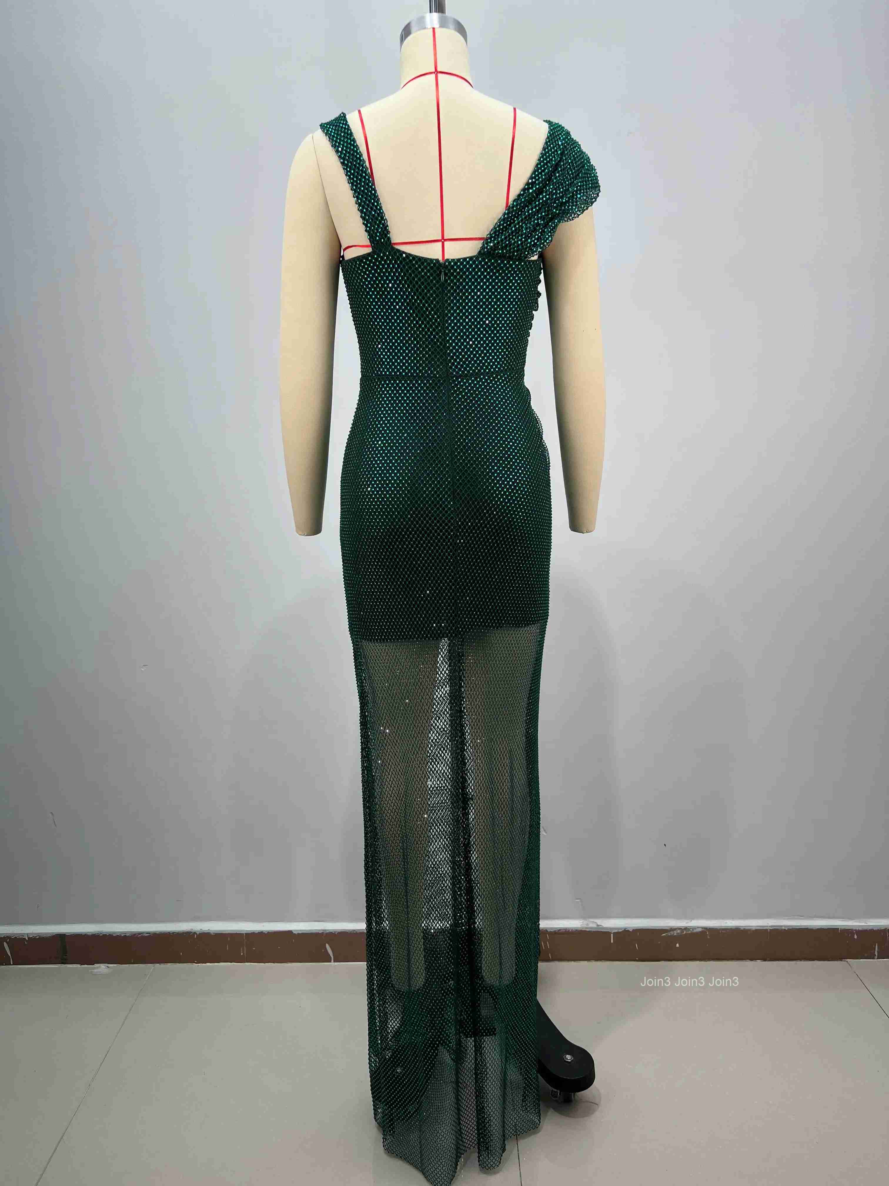 Womens Dark Green Sequin Asymmetric Bandage Dress Cross Back Cut-out Mermaid Evening Gown Sheer Tulle Formal Party Dress
