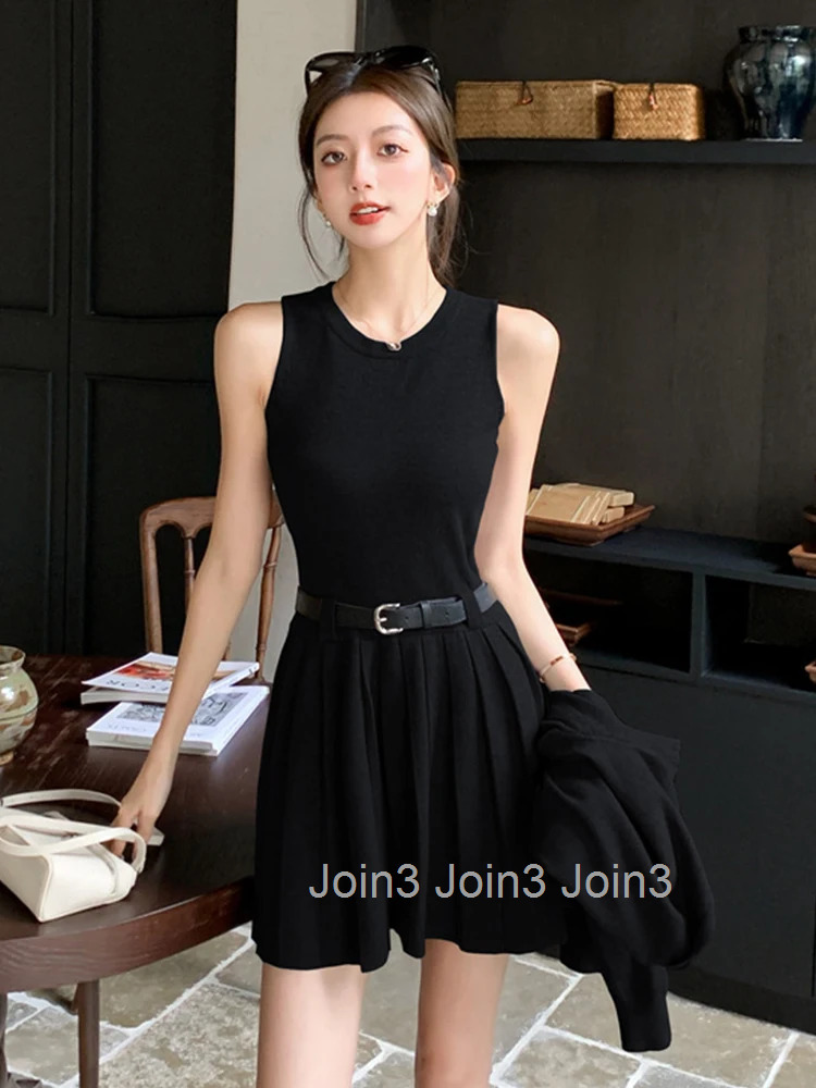 Women Clothes Sweater Casual Knitted Stretchy 2 Pieces Outfits Single Breasted Tops And Sleeveless Pleated Mini Dress Short Set