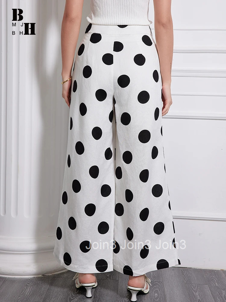 Plus Size Spring Autumn Elegant Formal Commute Cotton Linen Long Pant Women Retro Dot Print Trousers Mujer Wide Leg Loose Pants