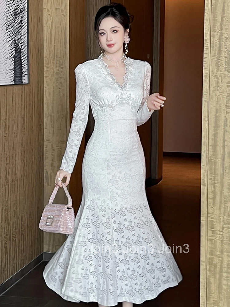 Women Clothes Sweet White Lace Print V-Neck Slim Fishtail Long Dress Elegant Fashion Party Prom Vestidos Robe Autumn Winter New
