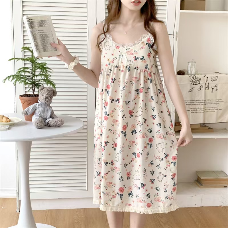 2025 women's models spring and summer sweet ins style halter mid-length loose nightgown female home dressred Kingfisher Rabbit