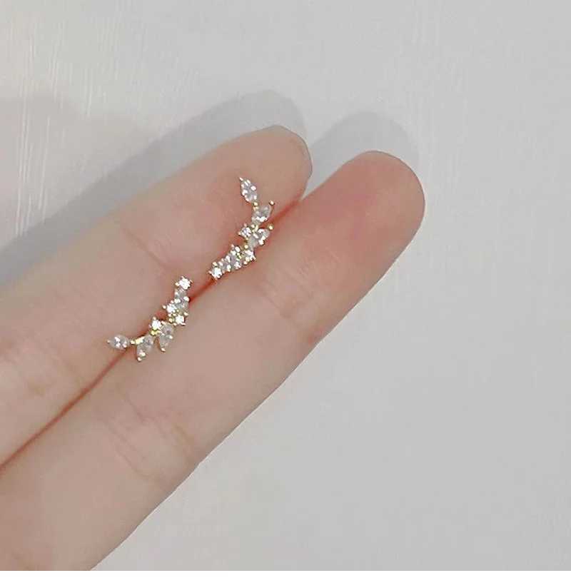 Tibetan Silver Korean Exquisite Curved Shiny Zircon Wheat Stud Earrings for Women Sweet Romantic Wedding Silver Jewelry XJ250623