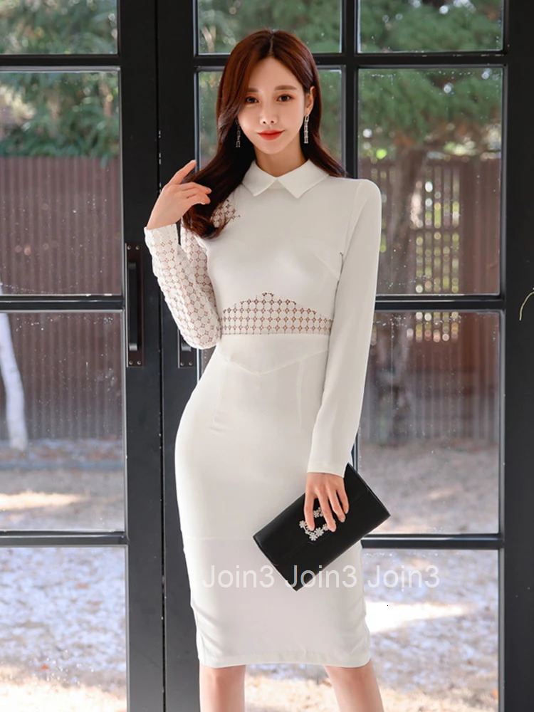 New Spring Autumn Elegant Office Women Dress Formal White Lace Sheer Sexy Long Sleeve Slim Midi Pencil Party Prom Mujer Vestidos
