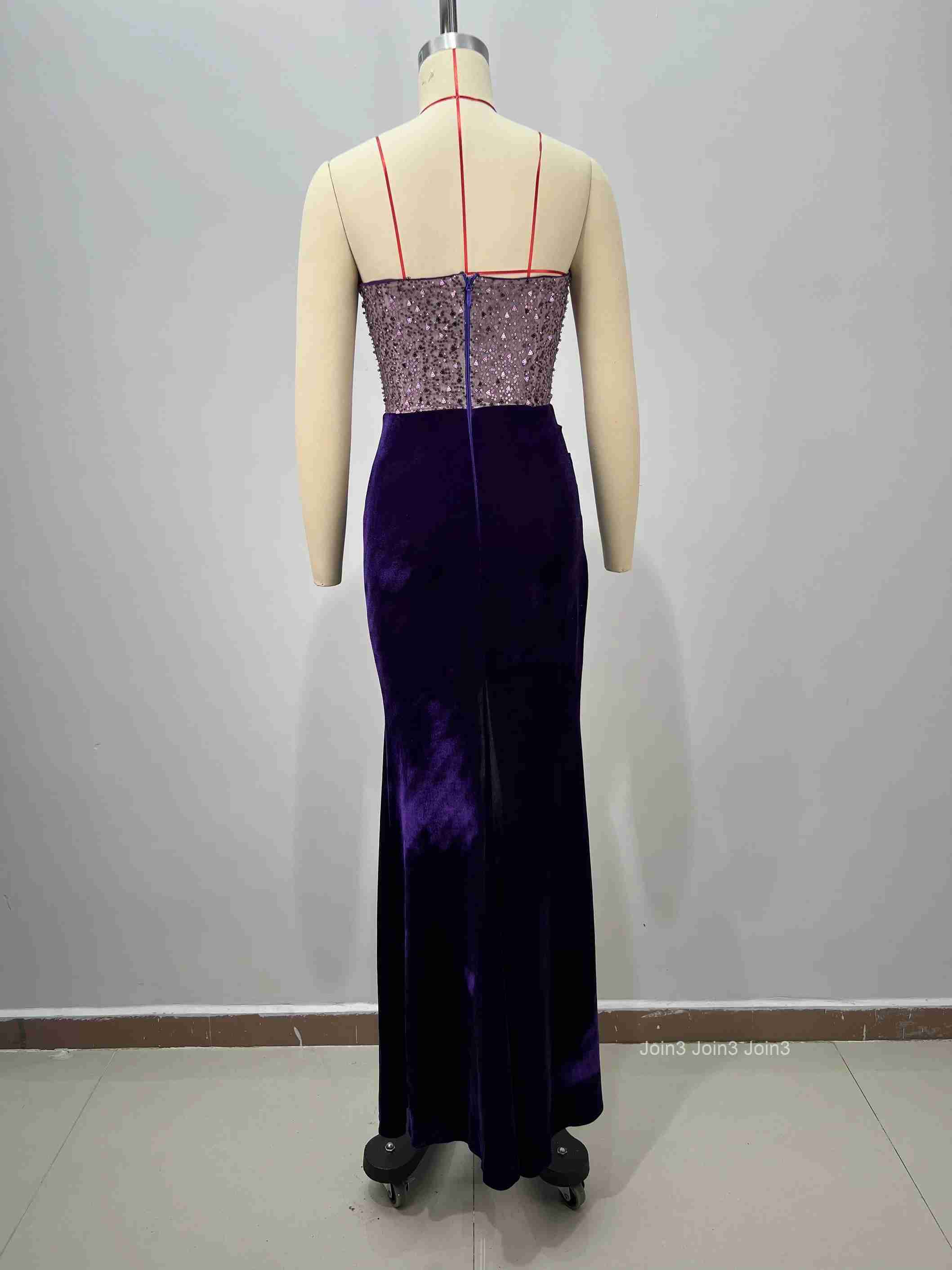 Womens Bandage Crystal Embellished Strapless Dress with High Slit Sexy Purple Evening Gown Prom Party Dress