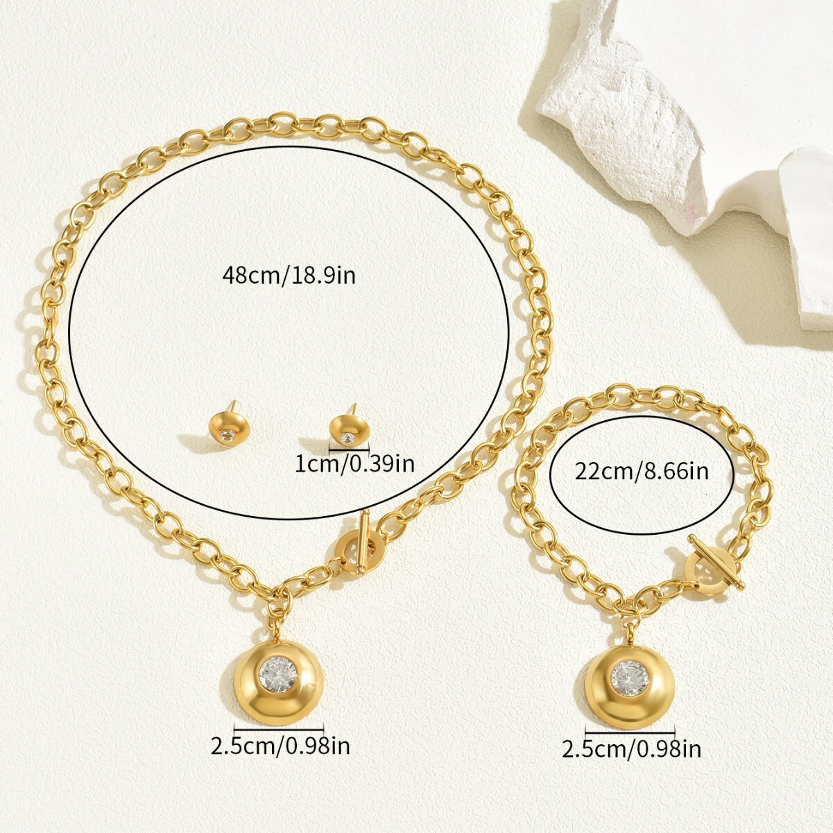 Women's Style Earrings Necklace Set Personality Geometric Circle Zircon Inlaid Design Bracelet Jewelry