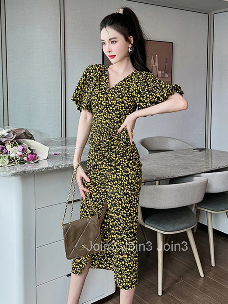 Satin Elegant Women Dress Summer Vintage Casual Puff Sleeve Pleated Print Bodycon Slit Midi Club Beach Lady Robe Mujer Vestidos