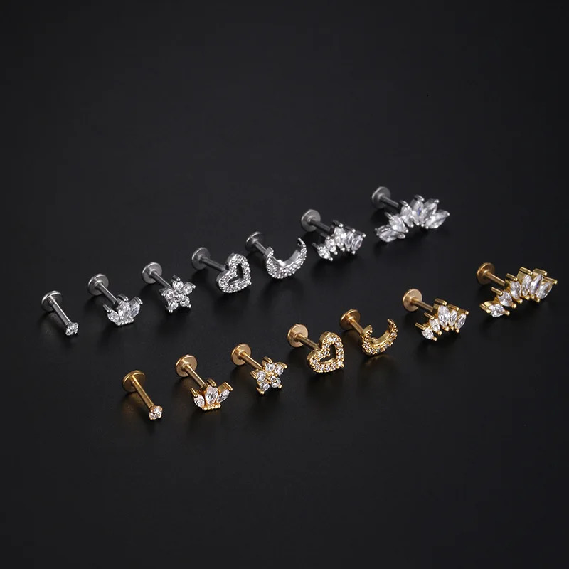 1Piece 12mm Heart Flower Crown Cartilage Earrings Stainless Steel Zircon Conch Rook Tragus Stud Labret Back Piercing Jewelry 250613