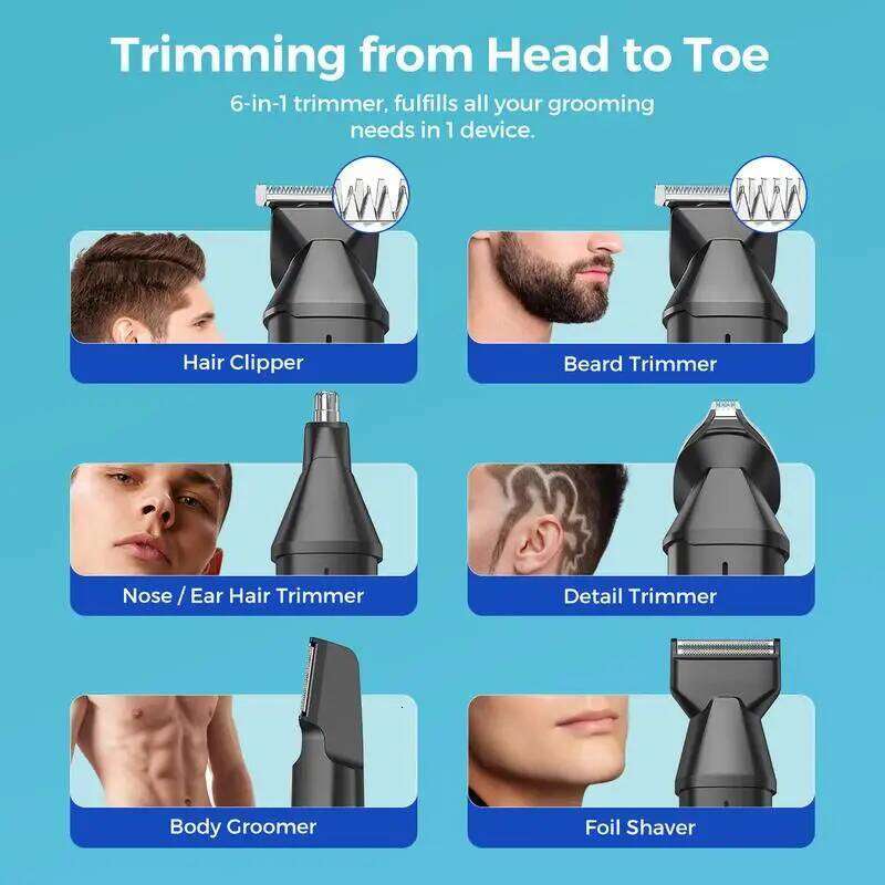 GLAKER 6 In 1 Beard Trimmer For Men, Electric Razor, For Mustache/Body/Nose/Ear/Hair, Waterproof, Cordless Grooming Kit