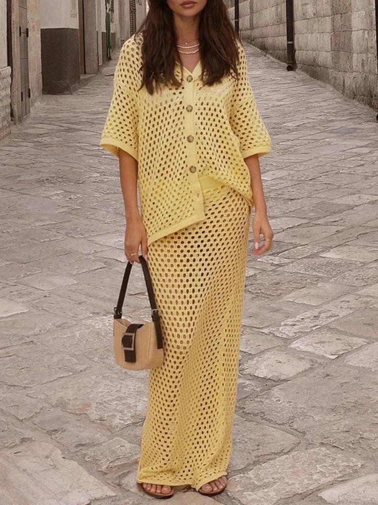 Womens Clothing Summer Casual Dress Sets Fashionable Mesh Fishnet Beach Knit Blouse Long Skirt Matching for Women 250614